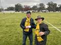 All rugged up, Ian 'Harry' Clifton and David 'DJ' Bruce Coonabarabran district farmers who provide weekly commentary of the Coonabarabran Kookaburra's trials on the rugby pitches of the Central West.