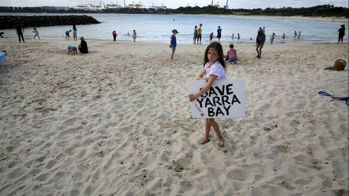 The Minns Labor Government has sunk the proposal by the former State Government to build a cruise ship terminal at either Yarra Bay or Molineux Point, Botany Bay. Pictured is a young protestor expressing her opposition in 2019.