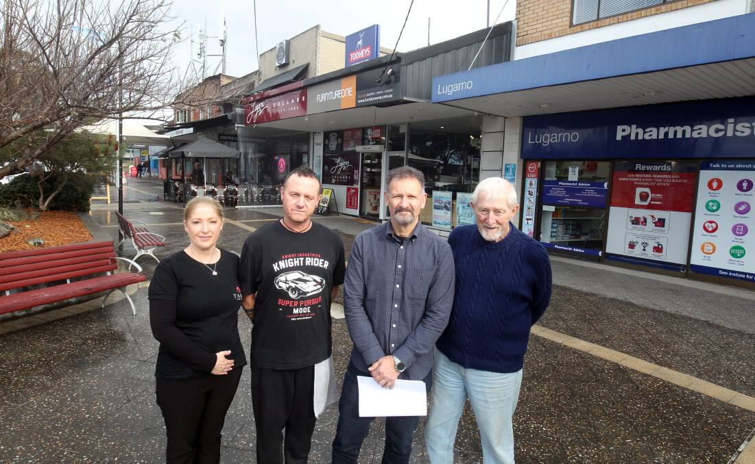 From left, Pamela of Tara Hair Design, Jordon Taylor of Coffee Lounge Lugarno, Nicholas Christo and Howard Courtney want Georges River Council build a public amenities block at the shopping centre. Picture by Chris Lane
