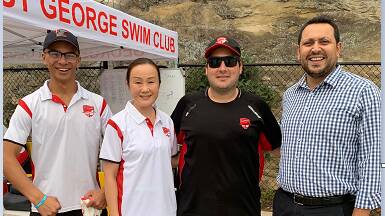 From left, St George Swim Club member Eugene, Councillor Nancy Liu, swim club head coach Robby Cox, and Cr Sam Elmir.