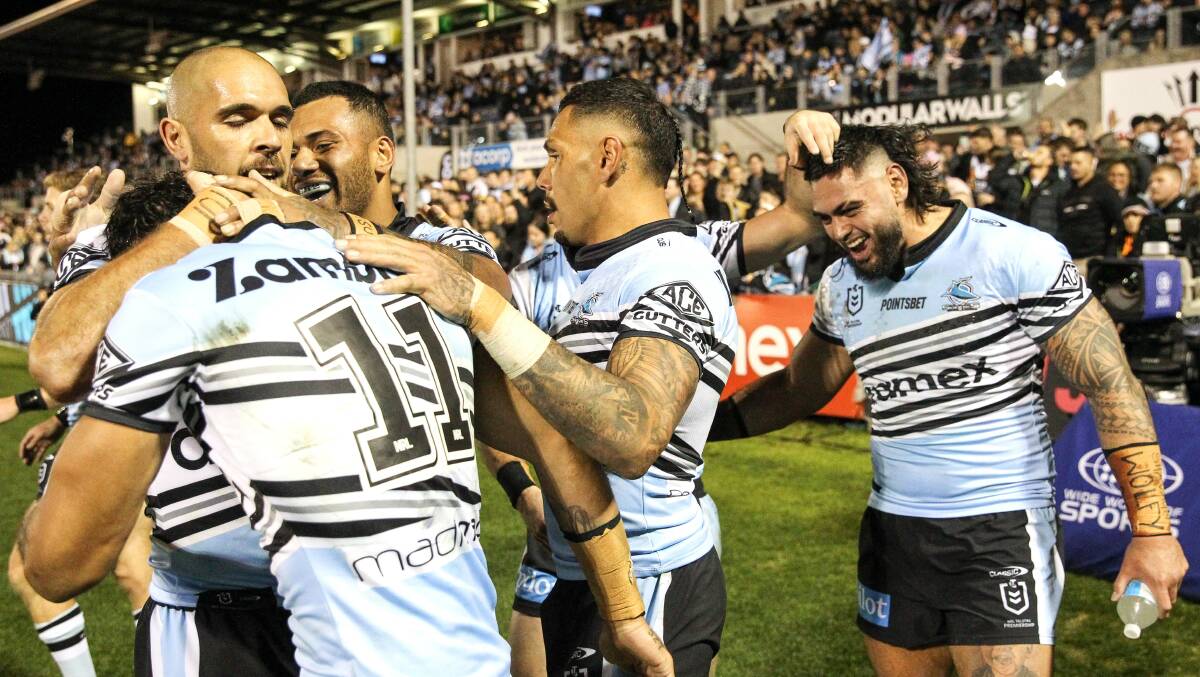 The Cronulla Sharks ran rampant against Wests Tigers in their 56-8 win at PointsBet Stadium on Friday night. Picture John Veage