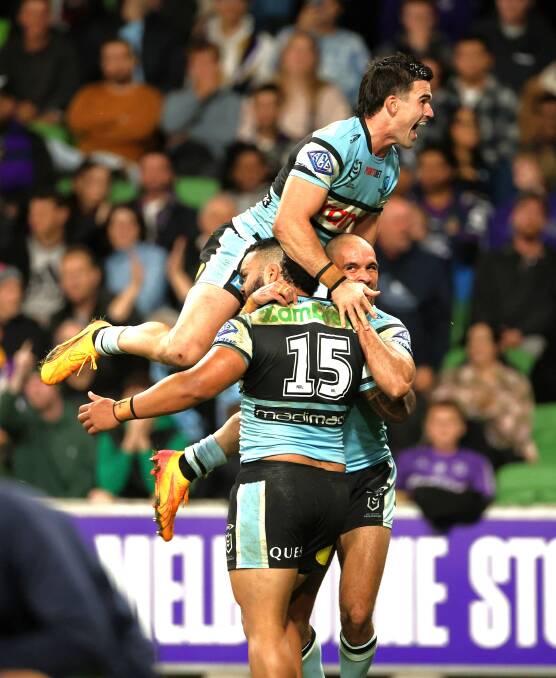 A runaway try to a rampaging Siosifa Talakai from the kick-off when it was 18-18 sealed the Sharks win. Picture NRL Images/Blair