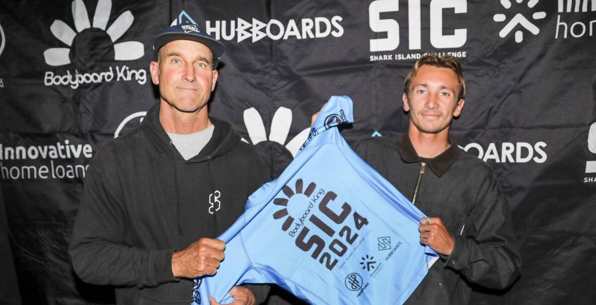Nine times world champion Mike Stewart and current Hawaiian world champion Tanner McDaniel at the 2024 Bodyboard King Shark Island Challenge launch. Picture John Veage