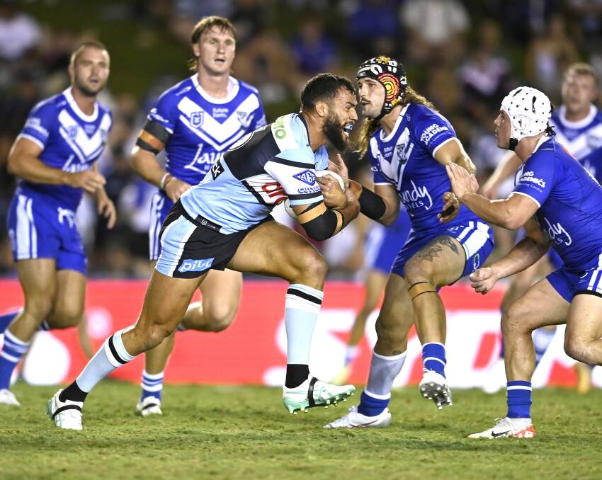 Sharks forward Toby Rudolf takes the ball up in their 12-6 win over the new-look Bulldogs at Belmore Sports Ground last week. Picture NRL Images/Porteous