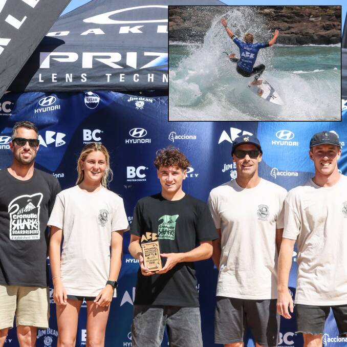 The third placed Cronulla Sharks team of Jordan Widenstrom, Grace Gosby, Kash Brown, Hayden Blair and Jay Brown will be joined by Elouera at the Boardriders Battle final (inset) Elouera's Jarvis Earle. Picture SNSW and McDonald.