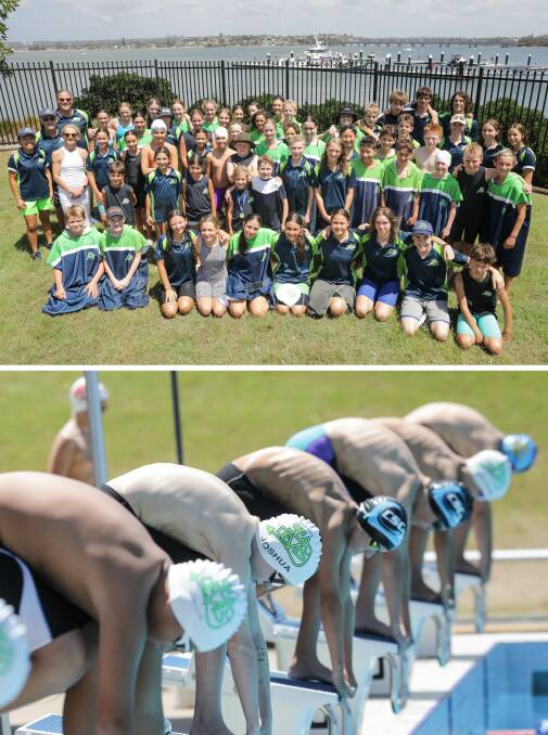 Over 300 swimmers took to the water at the San Souci Sea Devils Summer carnival on Friday/Saturday-the Sea Devils pose for photos (top) and swimmers take to the blocks at the San Souci Leisure Centre. Pictures John Veage