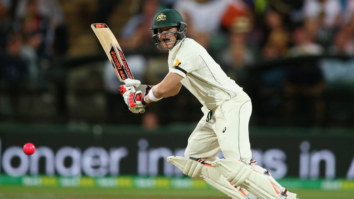 Front foot: Steve Smith batting in the day-night Test at the Adelaide Oval. Picture:Cameron Spencer/Getty Images