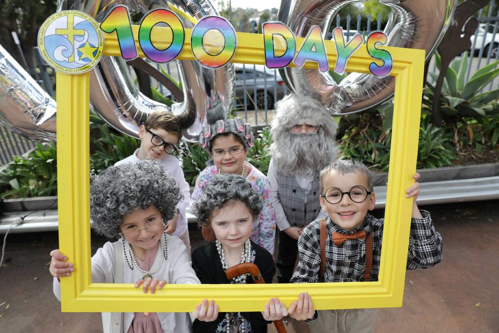 Emerson, Ava, Daniel, Monty, Amelia and Jeremiah celebrate 100 Days of Kindy at Our Lady Star of the Sea Catholic Primary School Miranda. Picture by John Veage