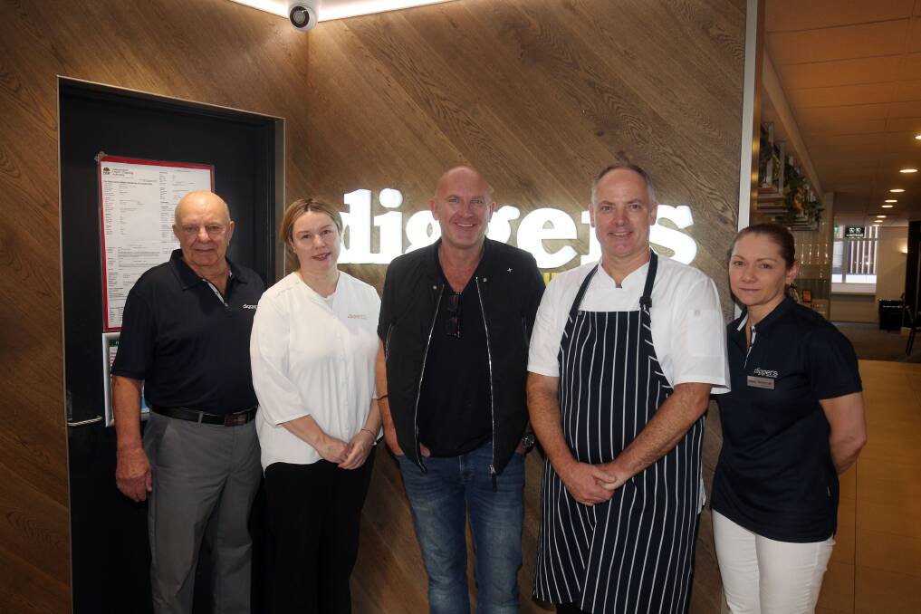 Chef Matt Moran with Diggers Miranda RSL Director Harden Erskine, Chief Executive Sara Watkins, Executive Chef Andrew Harper and Club President Yvonne Fryatt. Matt tasted a dish plated up for the annual competition to find the best club meal in NSW. Picture by Chris Lane
