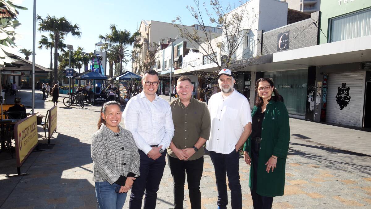 Cronulla Chamber of Commerce executive, Patch Clunes (left), Brad Lord, Jack Hewitt, Geoff Trio and Maria Aiton in the mall. Picture by Chris Lane
