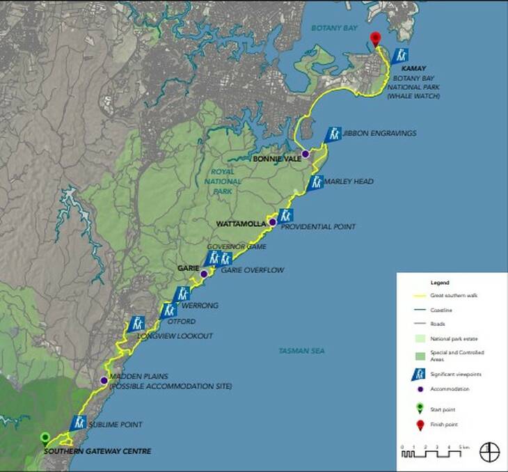 The 59km Great Southern Walk will stretch from the Illawarra to Kamay Botany Bay National Park, Kurnell, with four locations - Madden Plains, Garie, Wattamolla and Bonnie Vale - identified for overnight accommodation. Picture: supplied