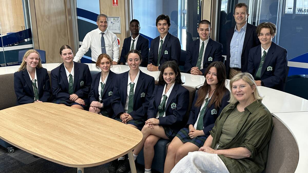 Principal Tony Ibrahim, Susan Geldart, Mark Speakman and 2024 student leaders inspect new facilities on the last day of the 2023 school year. Picture supplied