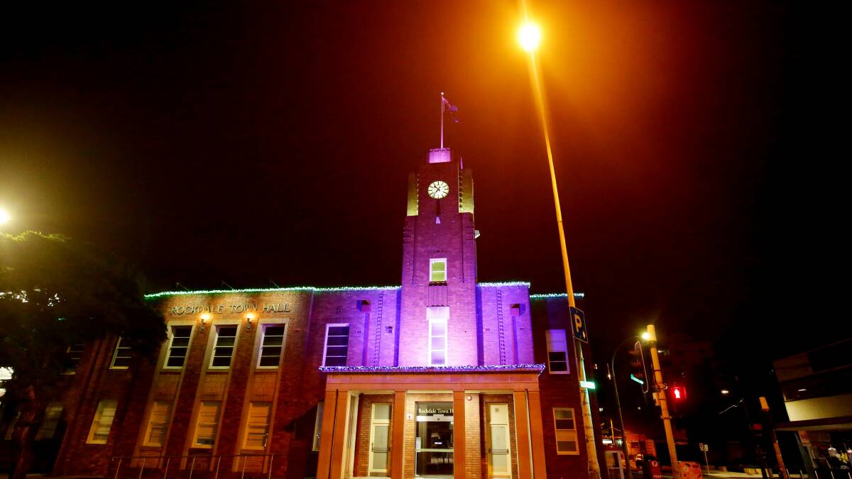 Historic building: Rockdale Town Hall illuminated at night. Picture: Chris Lane