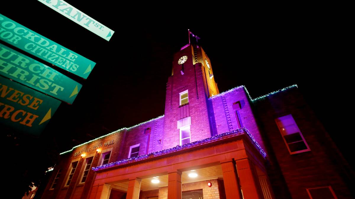 Rockdale Town Hall illuminated. Picture: Chris Lane
