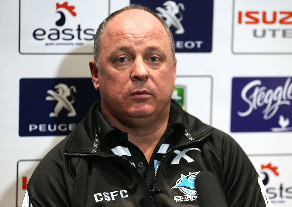  Sharks coach James Shepherd speaks to the media after the round 17 NRL match between the Sydney Roosters and the Cronulla Sharks. Picture: Getty Images