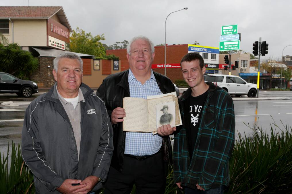 Proud descendants: (From left) Bill, Dennis and William Burns at the crossroads where the timber yard had been. Picture: Jane Dyson

