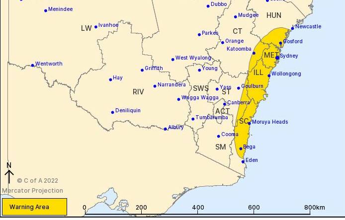 Warning area for damaging winds and heavy rainfall, issued at 4.53pm on Tuesday. Image: Bureau of Meteorology 
