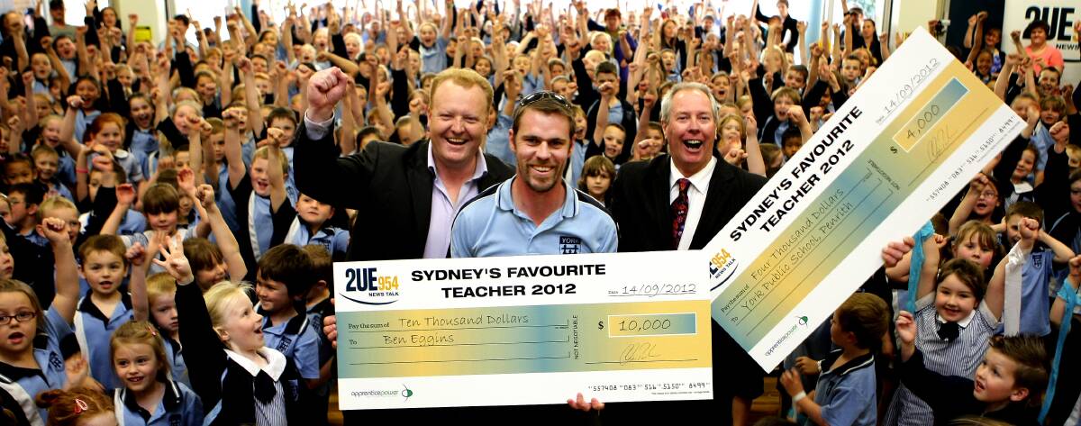 2UE Mornings host Jason Morrison with "2UE Sydney's Favourite Teacher" York Public School's Ben Eggins. 