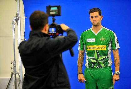 English all-rounder Jade Dernbach has his publicity photo taken for the Melbourne Stars.