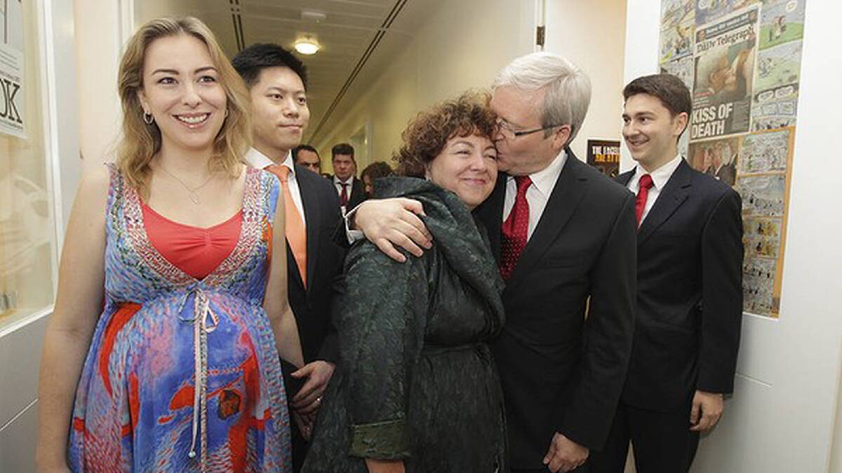Kevin Rudd hugs his wife Therese after losing the leadership ballot in February. Photo: Alex Ellinghausen