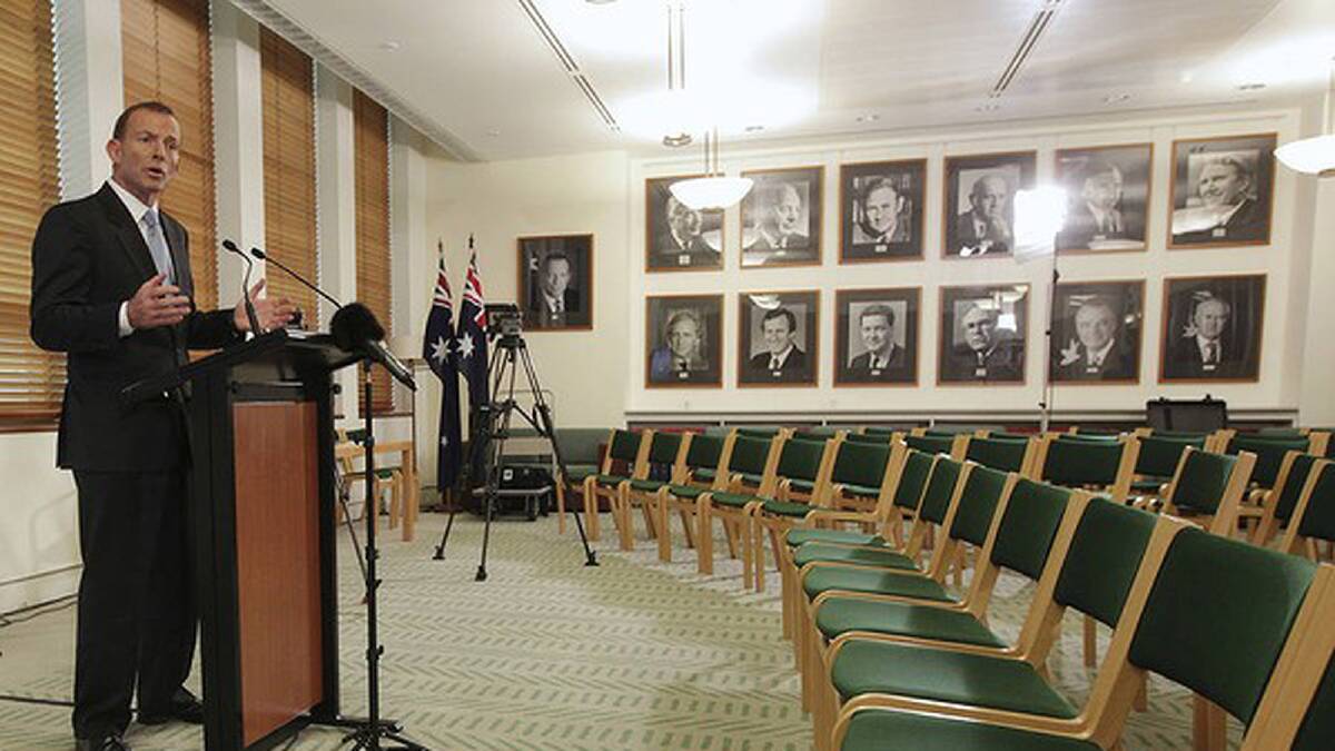 Opposition Leader Tony Abbott speaks to the media in April. Photo: Alex Ellinghausen