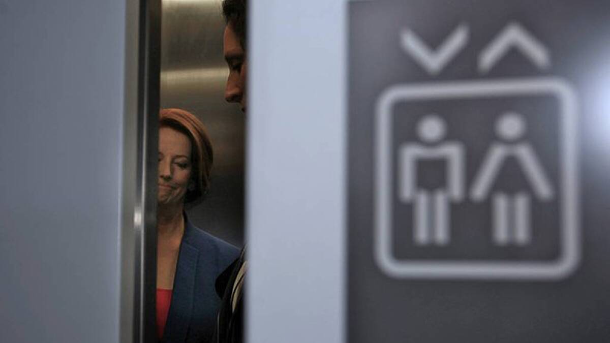 Prime Minister Julia Gillard departs via a lift from the "Powerful Women Breakfast" in October. Photo: Andrew Meares