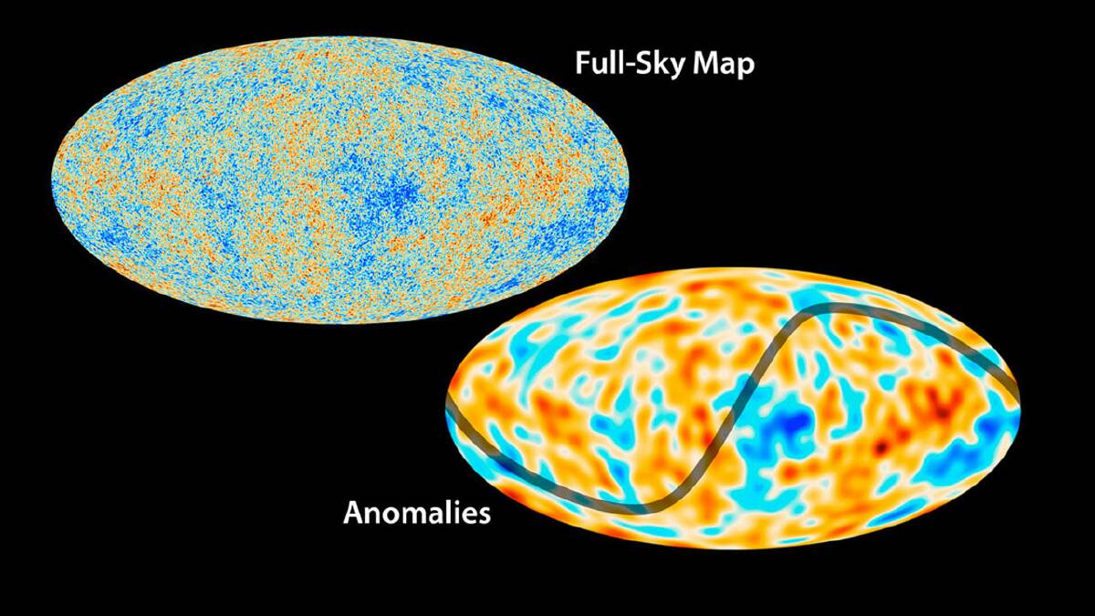 The top map shows Planck's all-sky map of the cosmic microwave background, whereas the bottom map shows the largest-scale features of the map. Image credit: ESA and the Planck Collaboration 