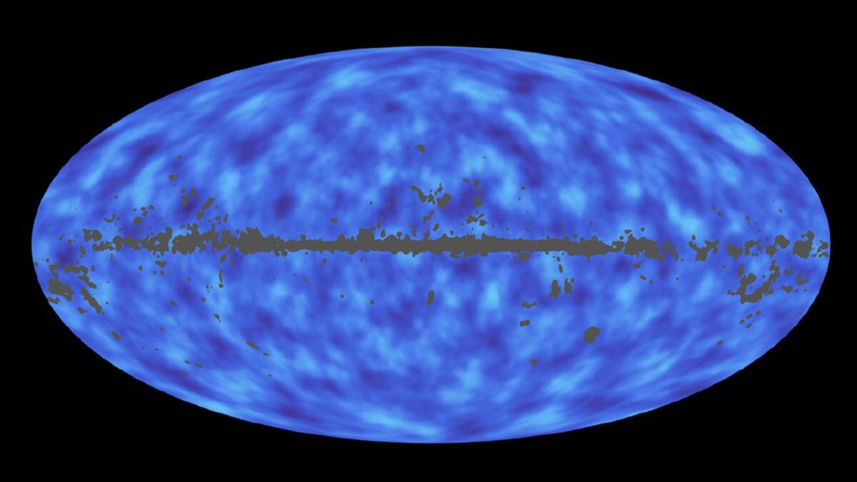 This full-sky map from the Planck mission shows matter between Earth and the edge of the observable universe. Regions with less mass show up as lighter areas while regions with more mass are darker. Image credit: ESA/NASA/JPL-Caltech